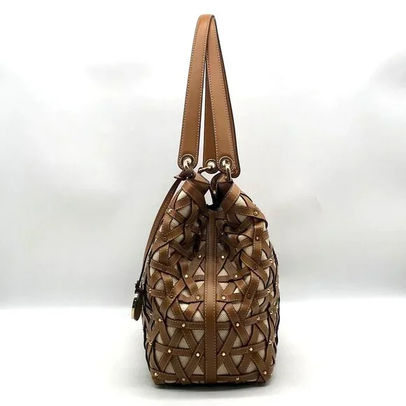 Michael Kors Tan Leather & Canvas Large Brooklyn Tote Bag - Picture 4 of 10